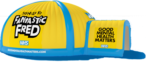 blue and yellow inflatable igloo with fantastic fred logo on the side